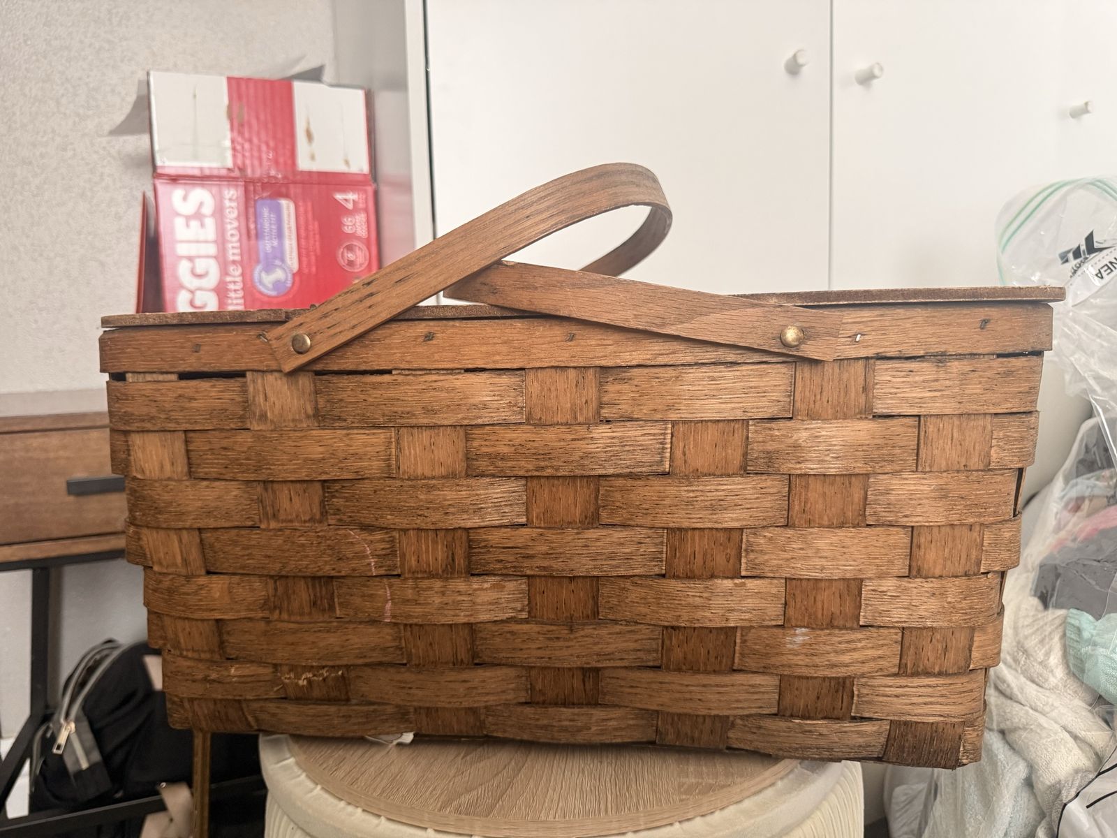 Vintage Woven Wood Picnic Basket with Folding Handle - Rustic Storage & Decor