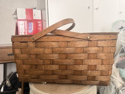 Vintage Woven Wood Picnic Basket with Folding Handle - Rustic Storage & Decor