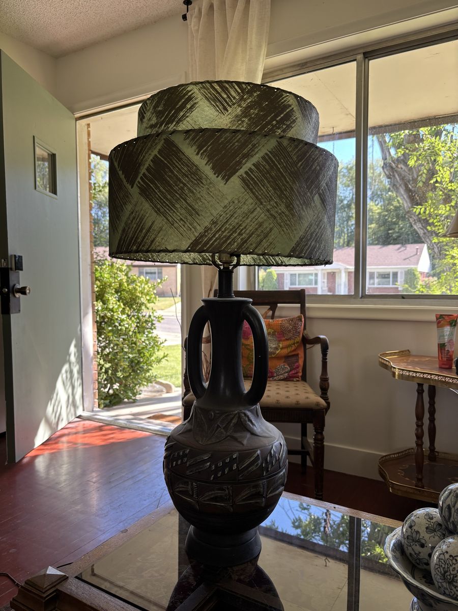 Vintage Mid-Century Modern Carved Wood Table Lamp with Tiered Lampshade