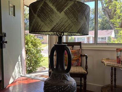Vintage Mid-Century Modern Carved Wood Table Lamp with Tiered Lampshade