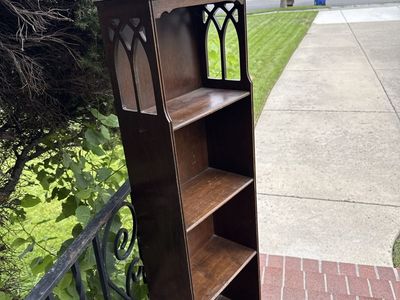 Vintage Wooden Bookshelf with Gothic Cutout Arch Details