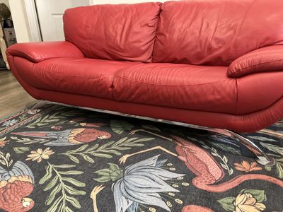 Red Leather Loveseat Sofa - Modern Design, Chrome Legs, Excellent Condition