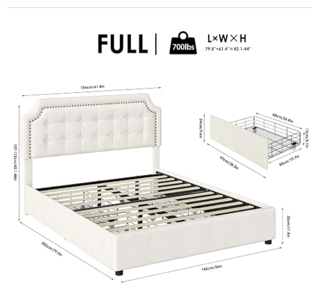 Keyluv Full Size Upholstered Bed Frame with Tufted Headboard & four Storage Drawers, White