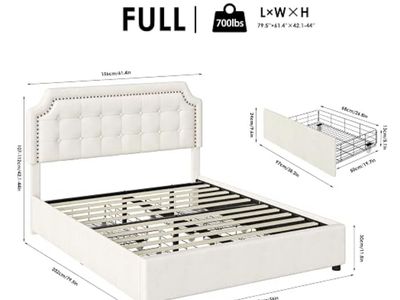 Keyluv Full Size Upholstered Bed Frame with Tufted Headboard & four Storage Drawers, White