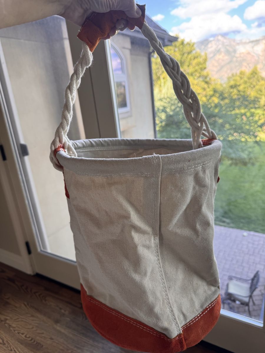 Canvas and Suede Bucket Bag with Braided Rope Handle