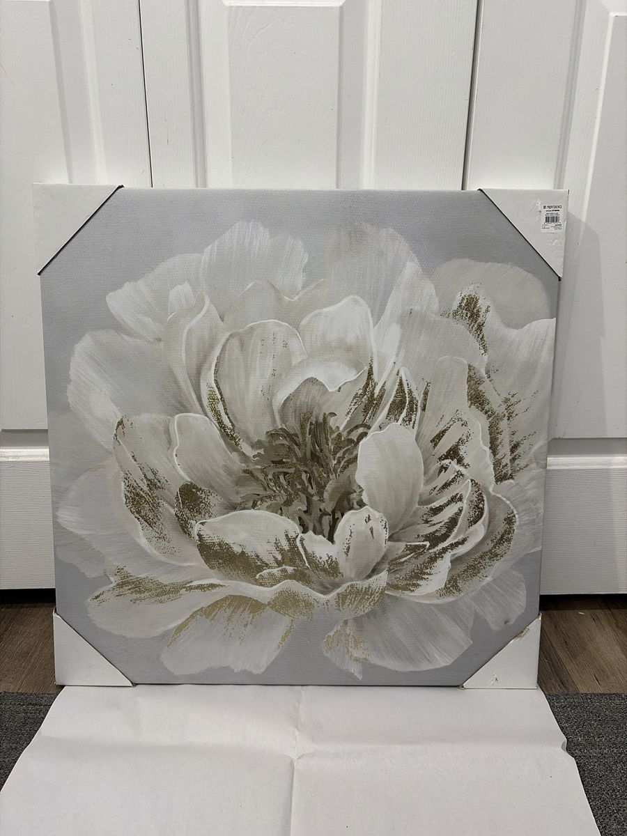 Brand New 24x24 Floral Canvas Wall Art Neutral White Grey Peony Painting