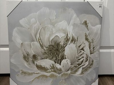 Brand New 24x24 Floral Canvas Wall Art Neutral White Grey Peony Painting