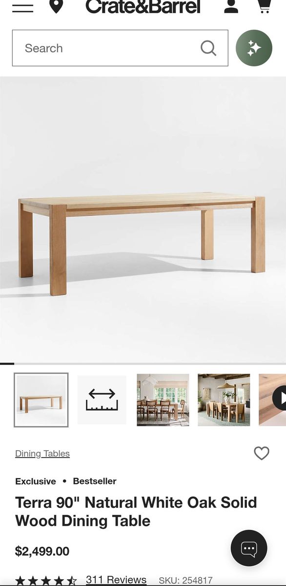 New Crate & Barrel Terra 90" Natural White Oak Solid Wood Dining Table For 8