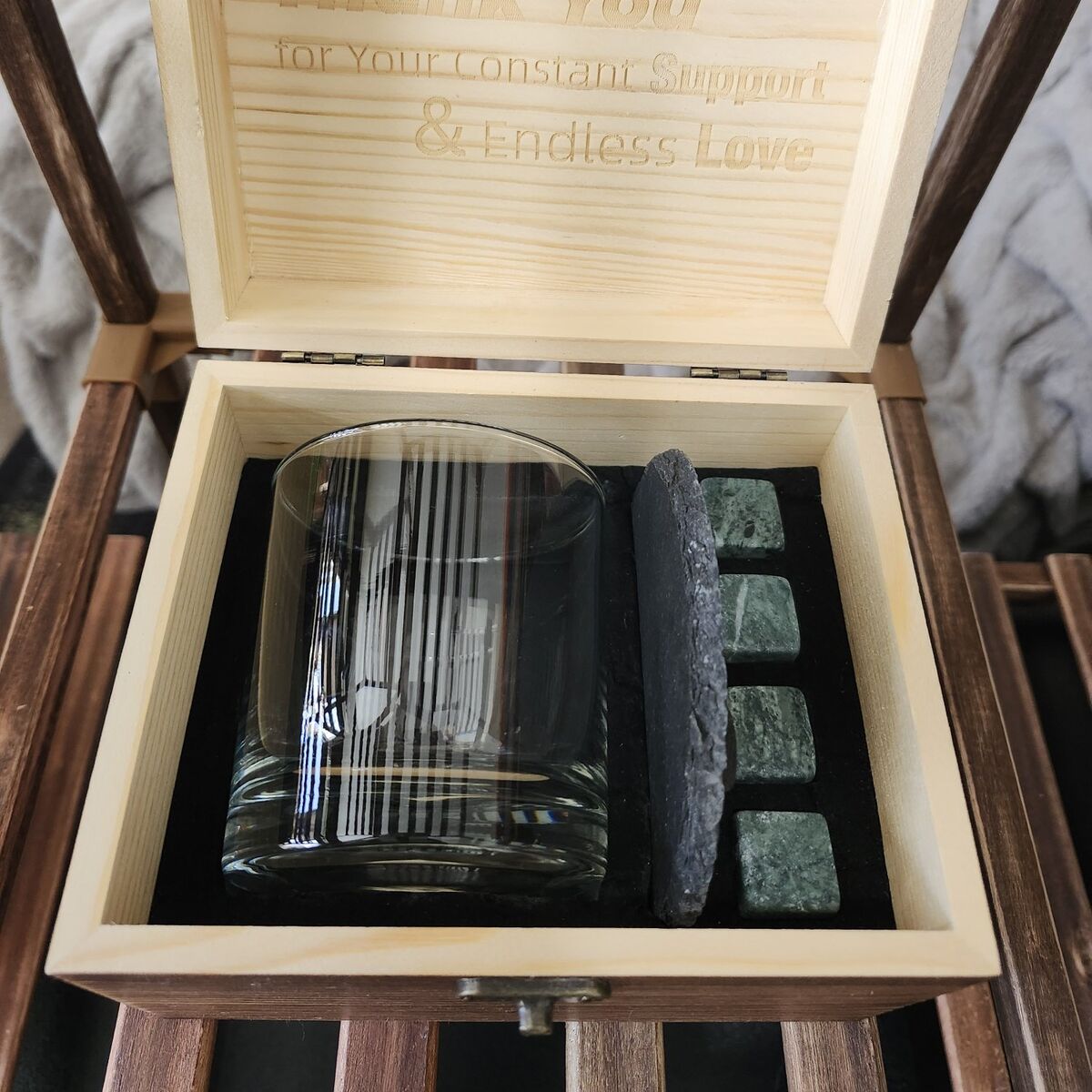 Wood Whiskey Gift Set w/ Glass, Stones & Coaster