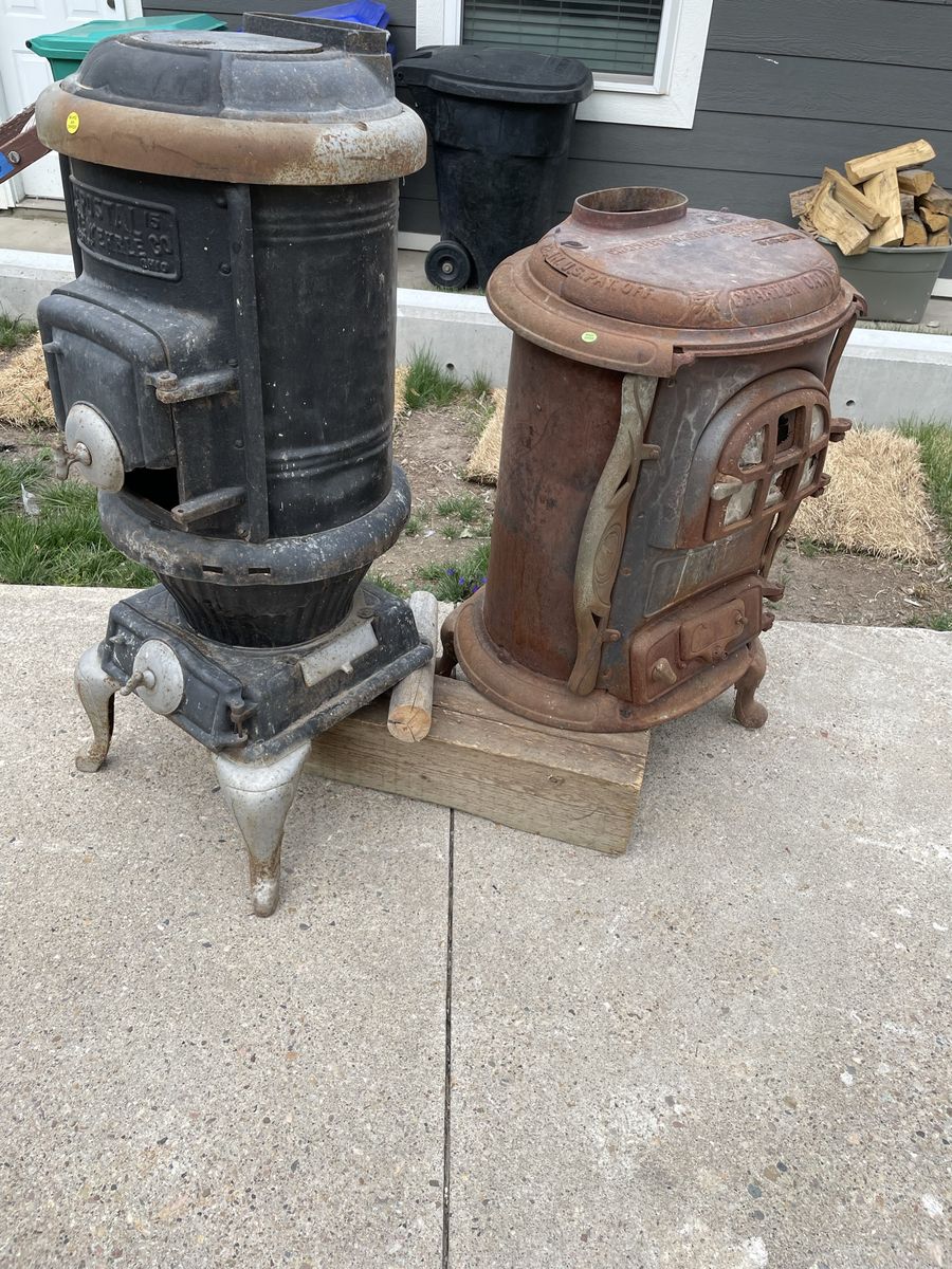 Vintage Cast Iron Wood Stoves - Royal (Pat'd 1891) & Chartier Oak (Pat'd 1893) - Rustic Decor