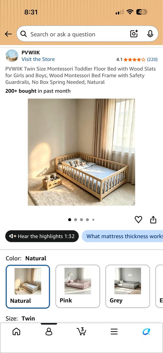 PVWIIK Twin Size Montessori Toddler Floor Bed with Wood Slats and Safety Guardrails, Natural
