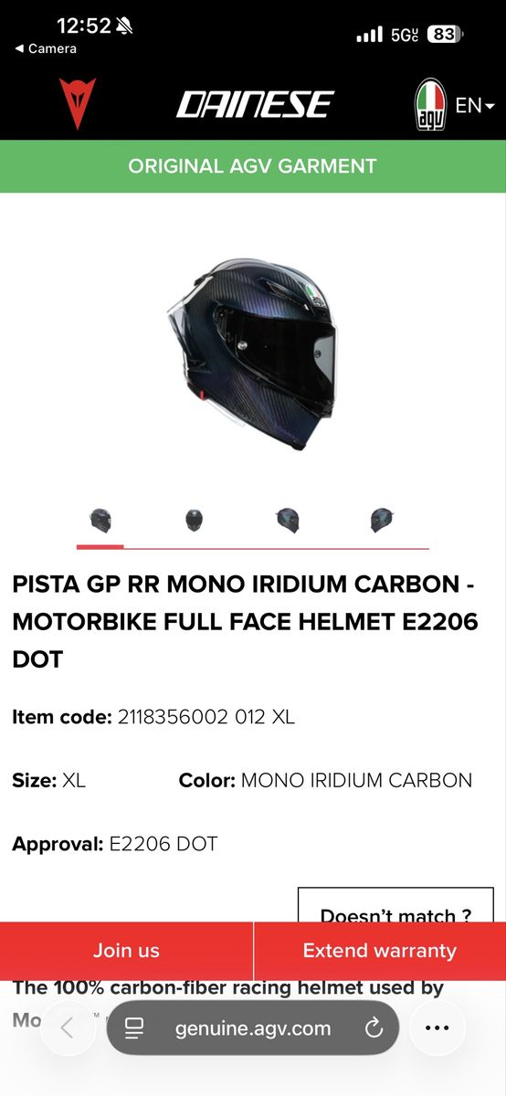 AGV Pista GP RR Mono Iridium Carbon Full Face Helmet - Size XL