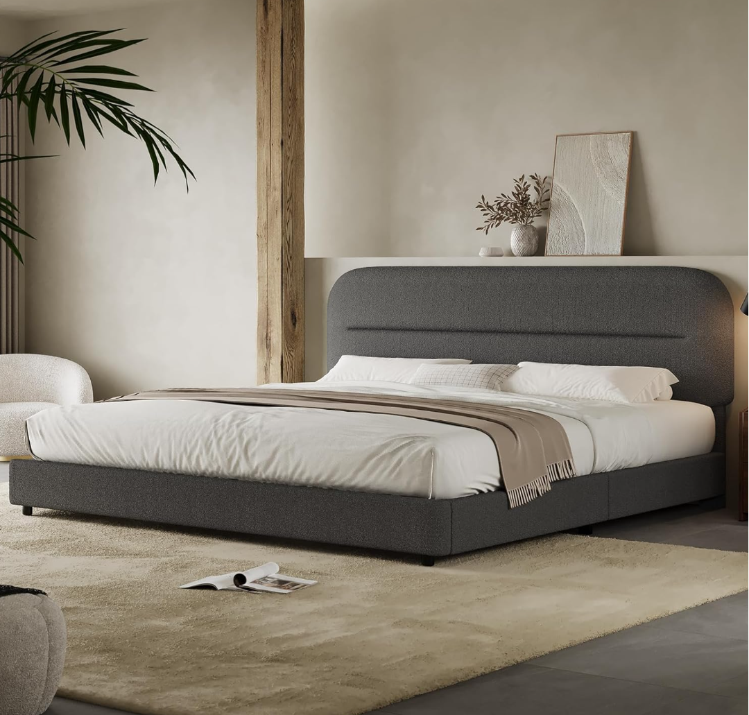Gray King Size Bed Frame, Adjustable Headboard