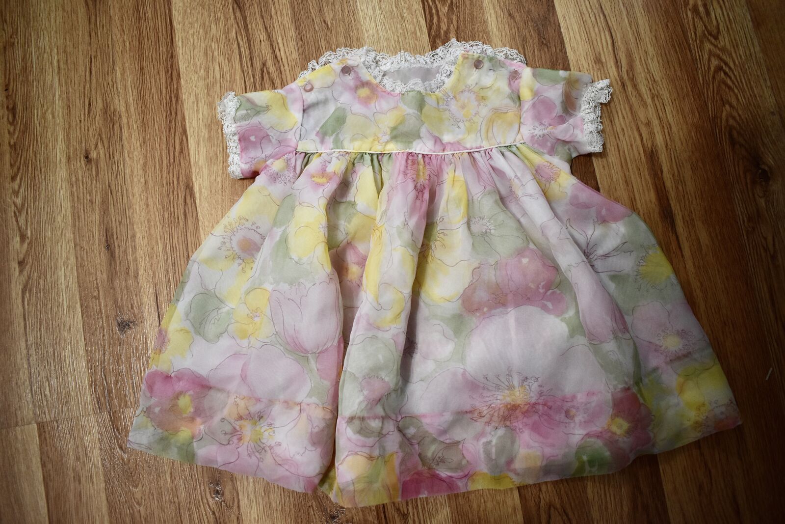 Beautiful Vintage Chiffon Fabric Baby Girl Pink Green Yellow Easter Dress W Lace And Under Slip - Very Well Made