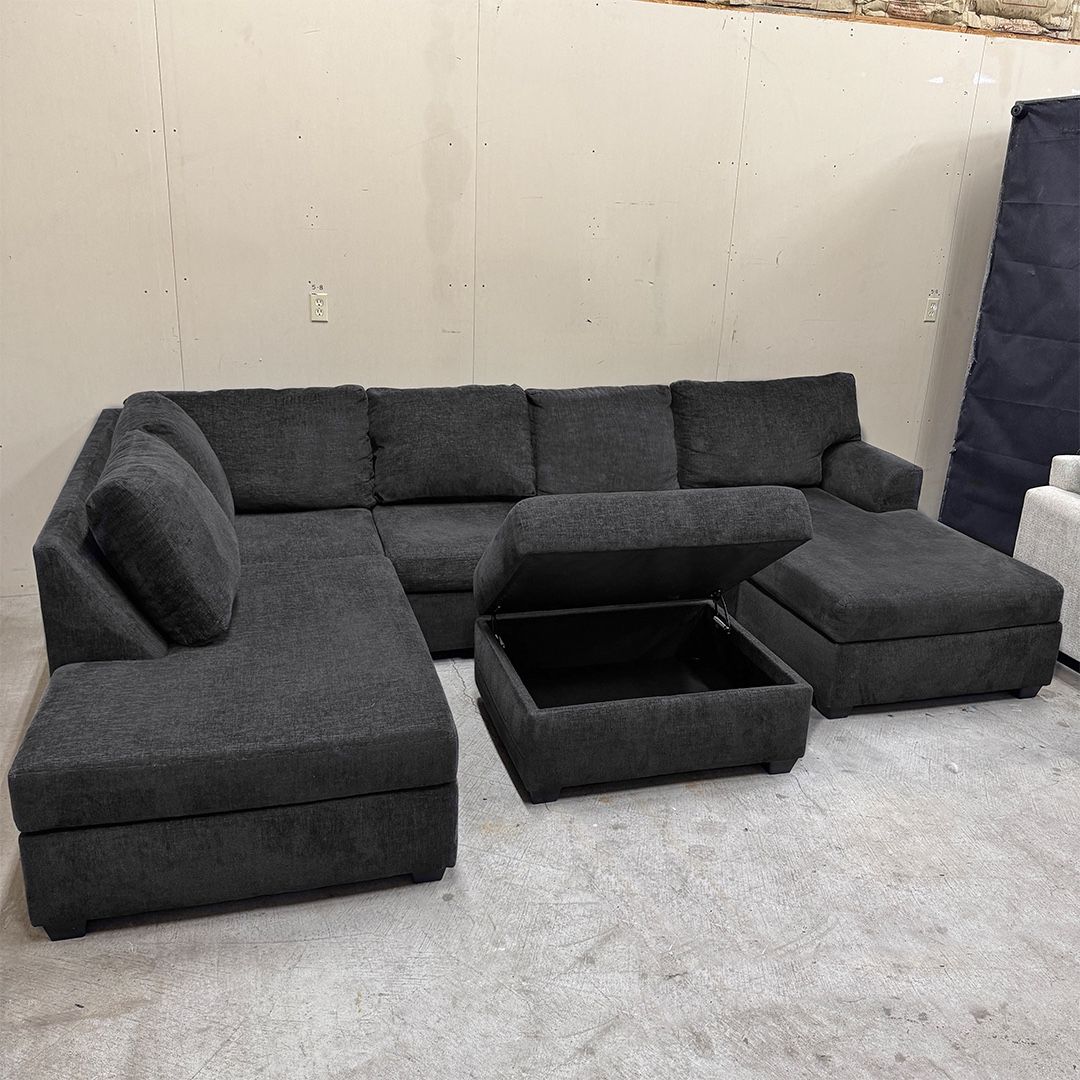 Charcoal Sectional Couch & Storage Ottoman - Delivery Available