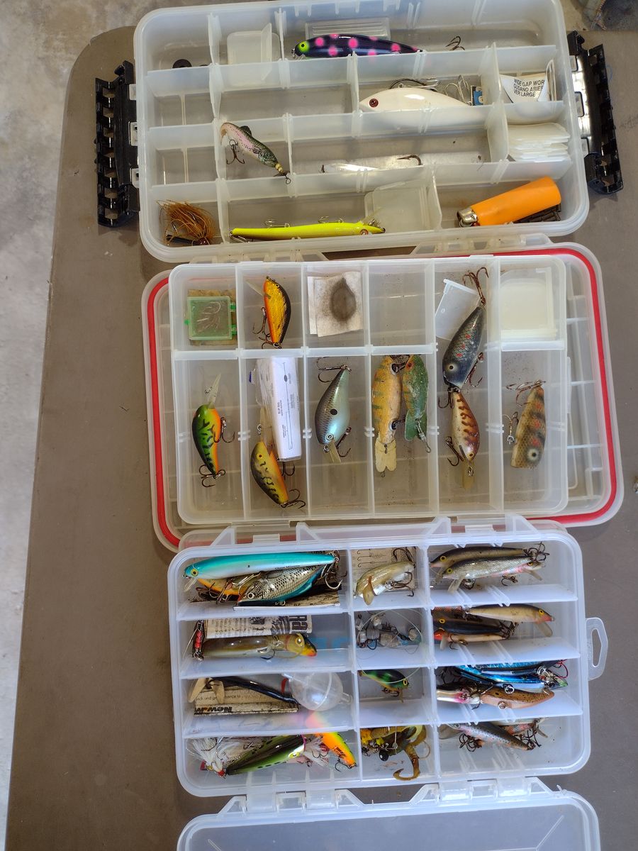 Assorted Fishing Lures, Various Hard Baits, Soft Plastics, Rods, Reals and more.