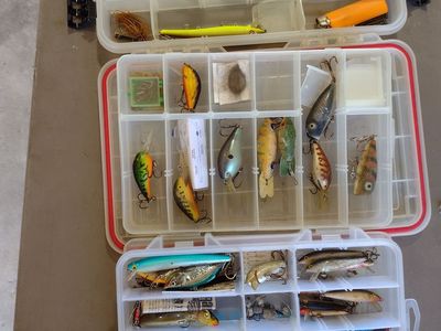Assorted Fishing Lures, Various Hard Baits, Soft Plastics, Rods, Reals and more.