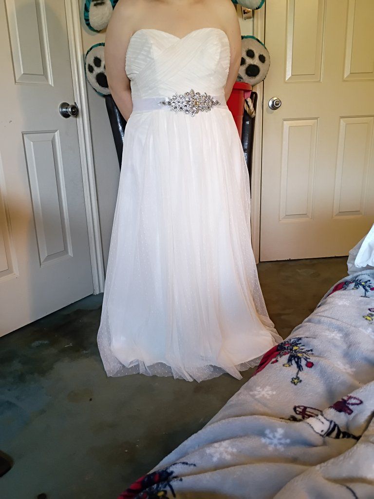 White Strapless Wedding Dress with Rhinestone Sash and Train