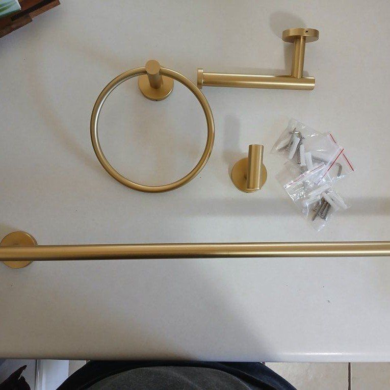 New Gold Bathroom Hardware Set - Towel Bar, Towel Ring, Toilet Paper Holder, Robe Hook