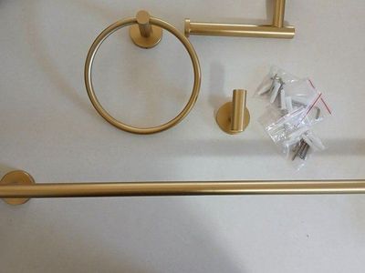 New Gold Bathroom Hardware Set - Towel Bar, Towel Ring, Toilet Paper Holder, Robe Hook