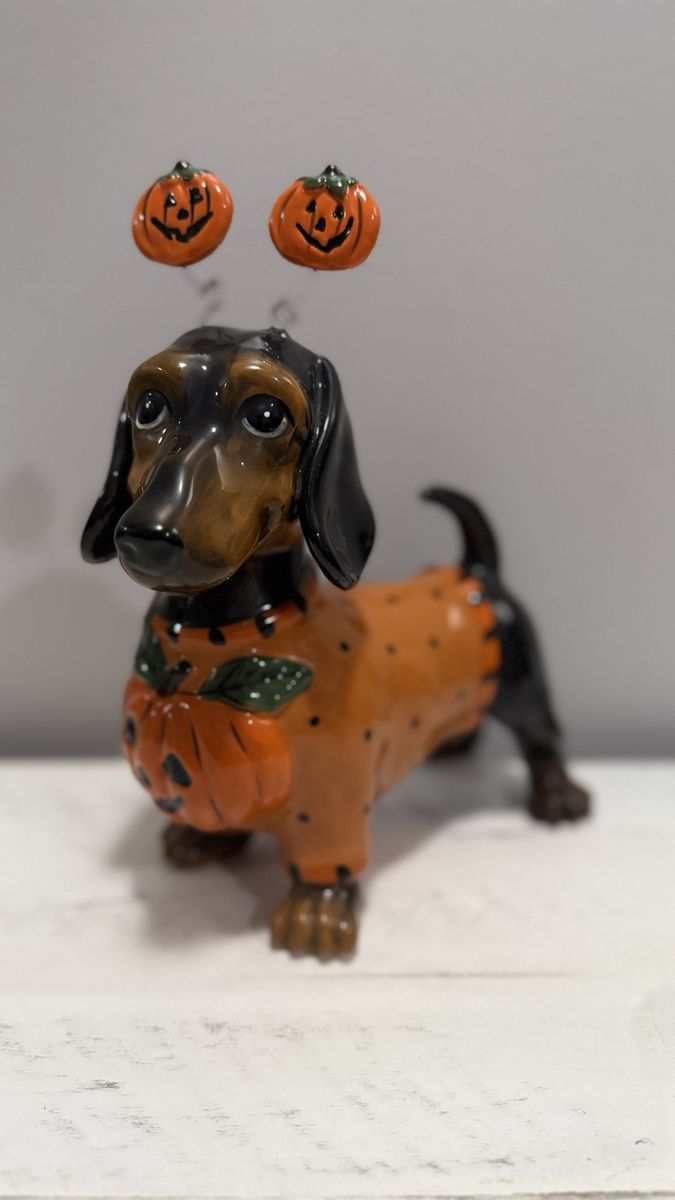 Blue Sky Halloween Dachshund Figurine with Pumpkin Sweater & Headband