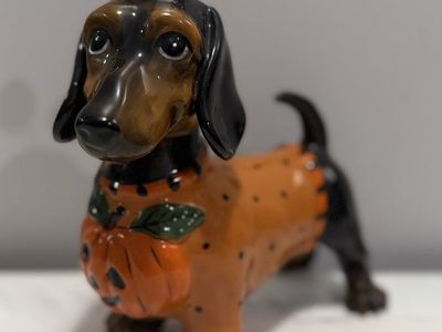Blue Sky Halloween Dachshund Figurine with Pumpkin Sweater & Headband