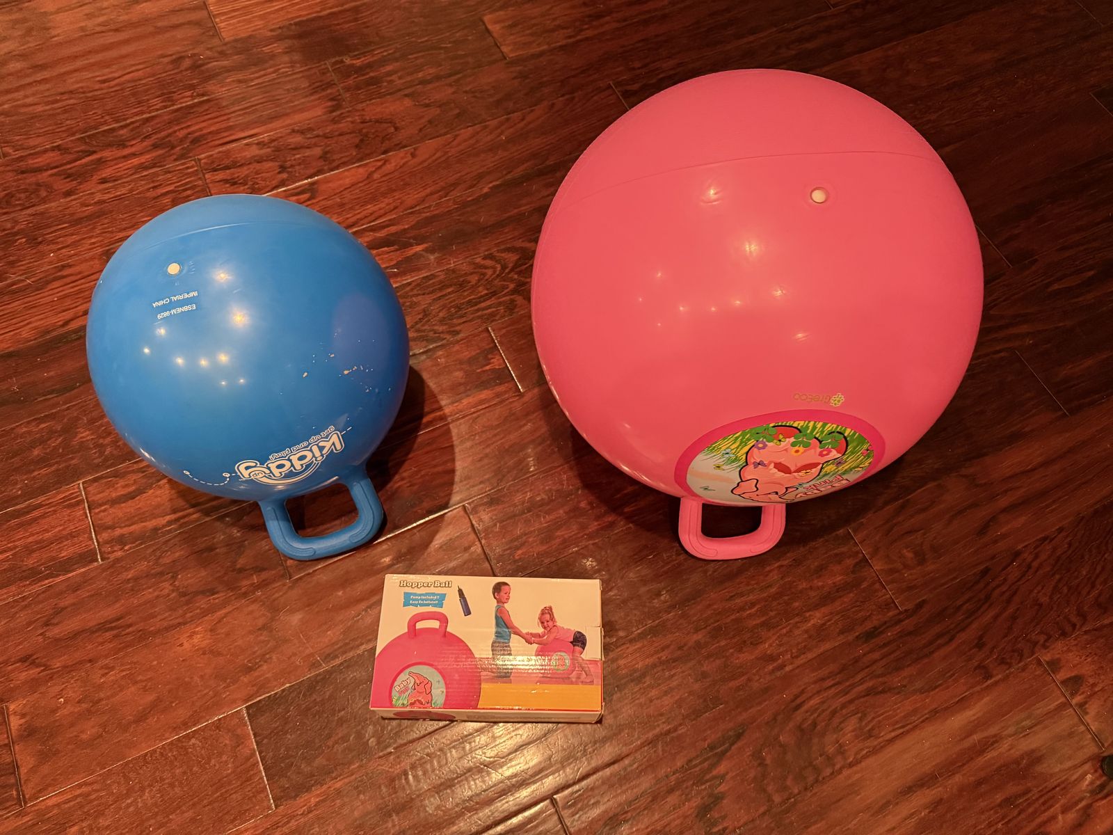 Two Hopper Balls for kids with pump to inflate them. Hop-Along Bouncy Exercise