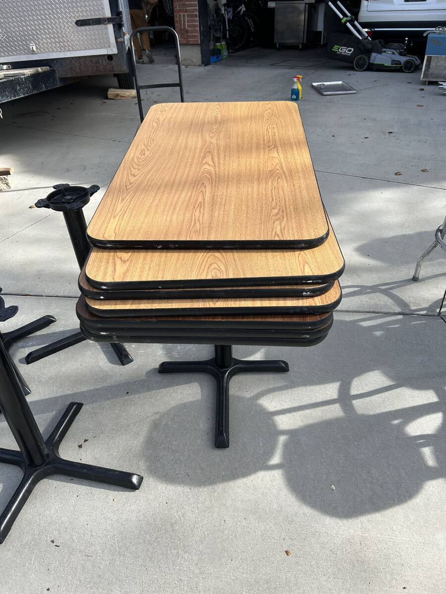 Set of 5 Restaurant Tables (Single‑Leg, Brown Tops)