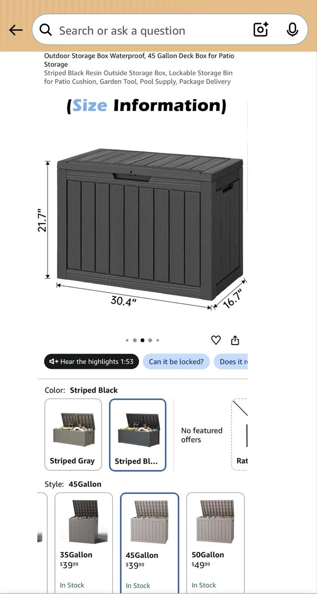 Outdoor Storage Box Waterproof 45 Gallon Deck Box Striped Black Resin brand new still in box