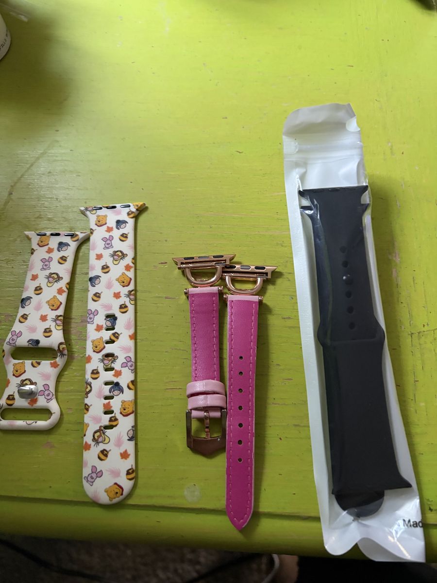 Assorted Apple Watch Bands & Charger - Winnie the Pooh, Pink Leather, Black Silicone bundle series 10 Apple Watch band 42 mm