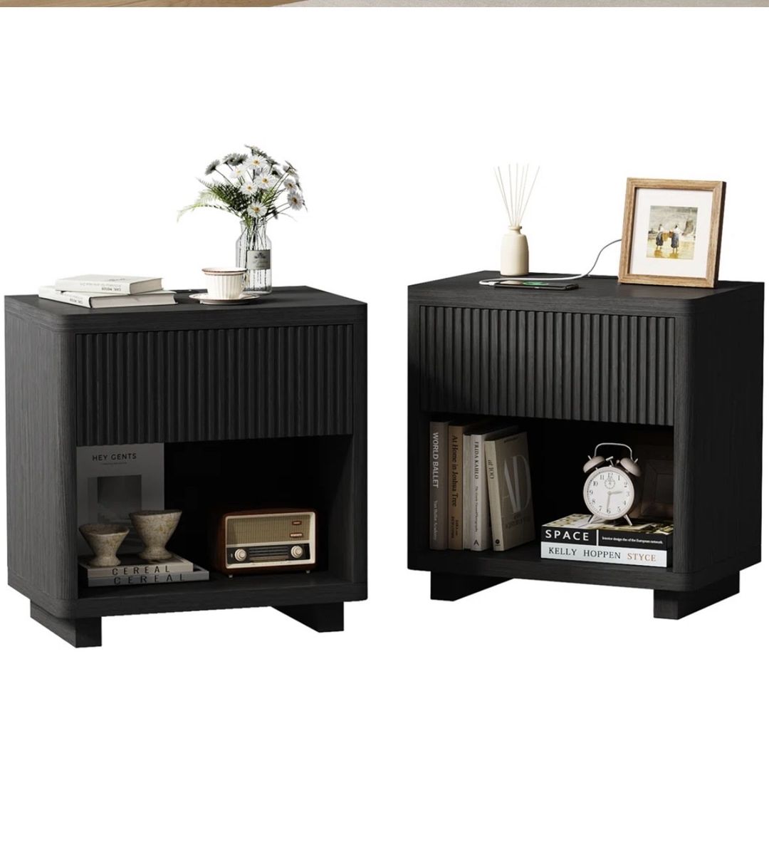 24" W End Table With Storage And Charging Station, Solid Wood Side Table With Shelf By Winston Porte