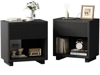 24" W End Table With Storage And Charging Station, Solid Wood Side Table With Shelf By Winston Porte