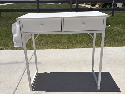 (4) White Wood & Metal Console Table/Desk with 2 Drawers & Side Pocket Storage