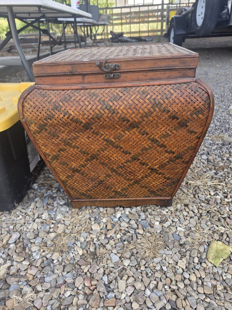Vintage Woven Bamboo Storage Chest with Wooden Lid and Latch