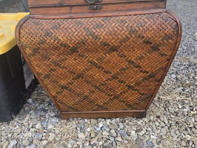 Vintage Woven Bamboo Storage Chest with Wooden Lid and Latch