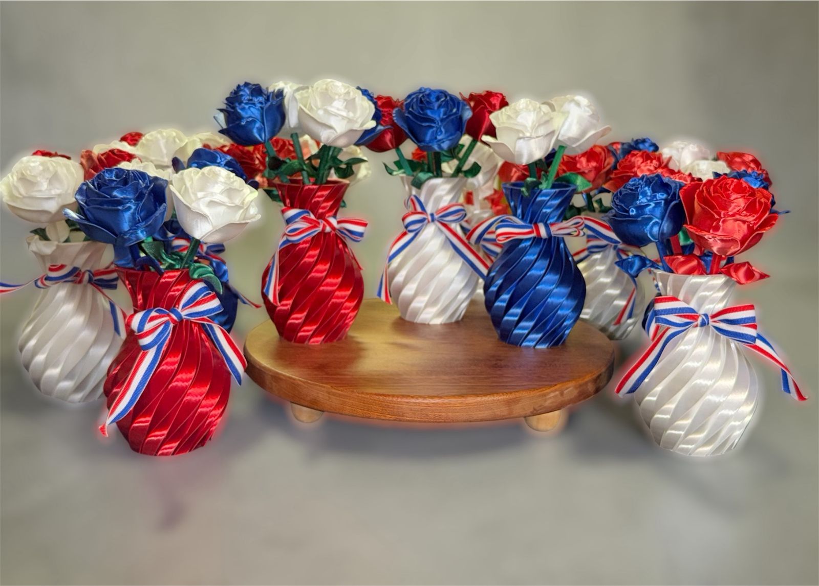 Handcrafted Red, White, & Blue Ribbon Roses in Vases - Patriotic Decor