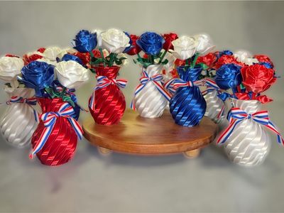 Handcrafted Red, White, & Blue Ribbon Roses in Vases - Patriotic Decor