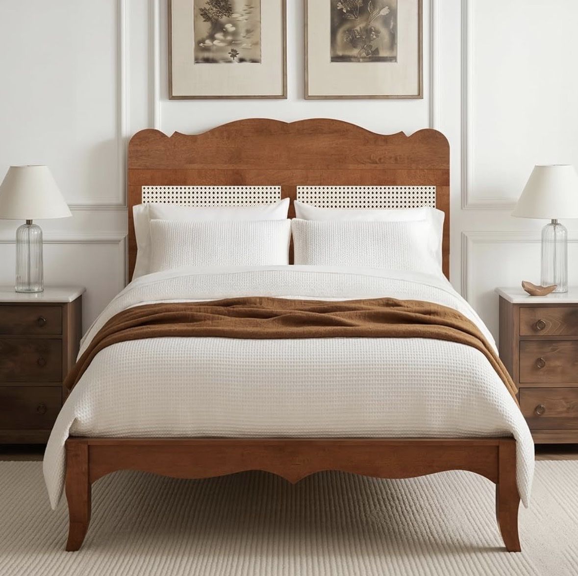 MFSTUDIO Full Size Wooden Rattan Bed Frame with Adjustable Headboard