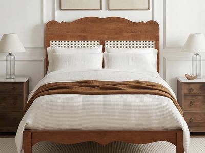 MFSTUDIO Full Size Wooden Rattan Bed Frame with Adjustable Headboard