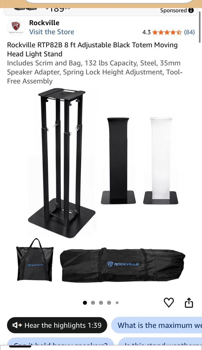 Rockville RTP82B 8 ft Adjustable Black Totem Moving Head Light Stand
