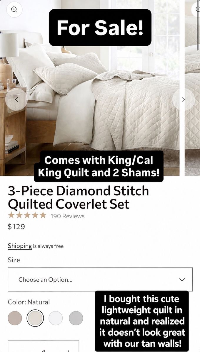 3-Piece Diamond Stitch Quilted Coverlet Set - King/Cal King, Natural
