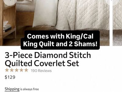 3-Piece Diamond Stitch Quilted Coverlet Set - King/Cal King, Natural