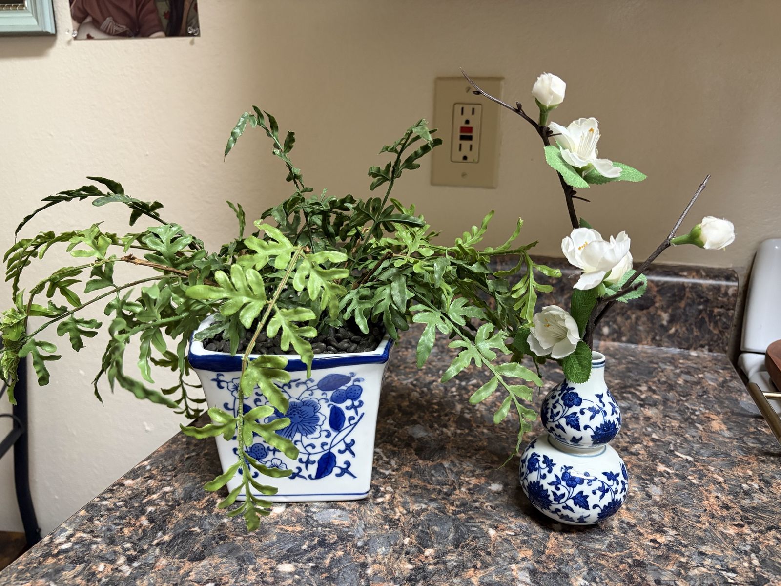 Decorative Blue & White Ceramic Vase with Faux Flowers - Home Decor
