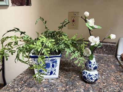 Decorative Blue & White Ceramic Vase with Faux Flowers - Home Decor