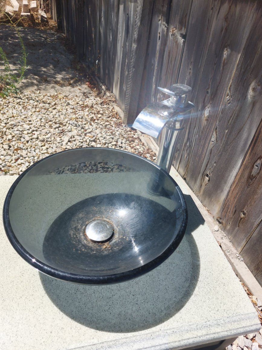 Vanity w/ Smoked Glass Vessel Sink & Chrome Faucet