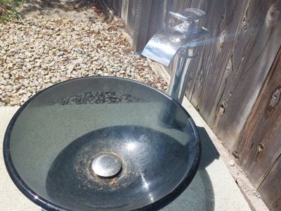 Vanity w/ Smoked Glass Vessel Sink & Chrome Faucet