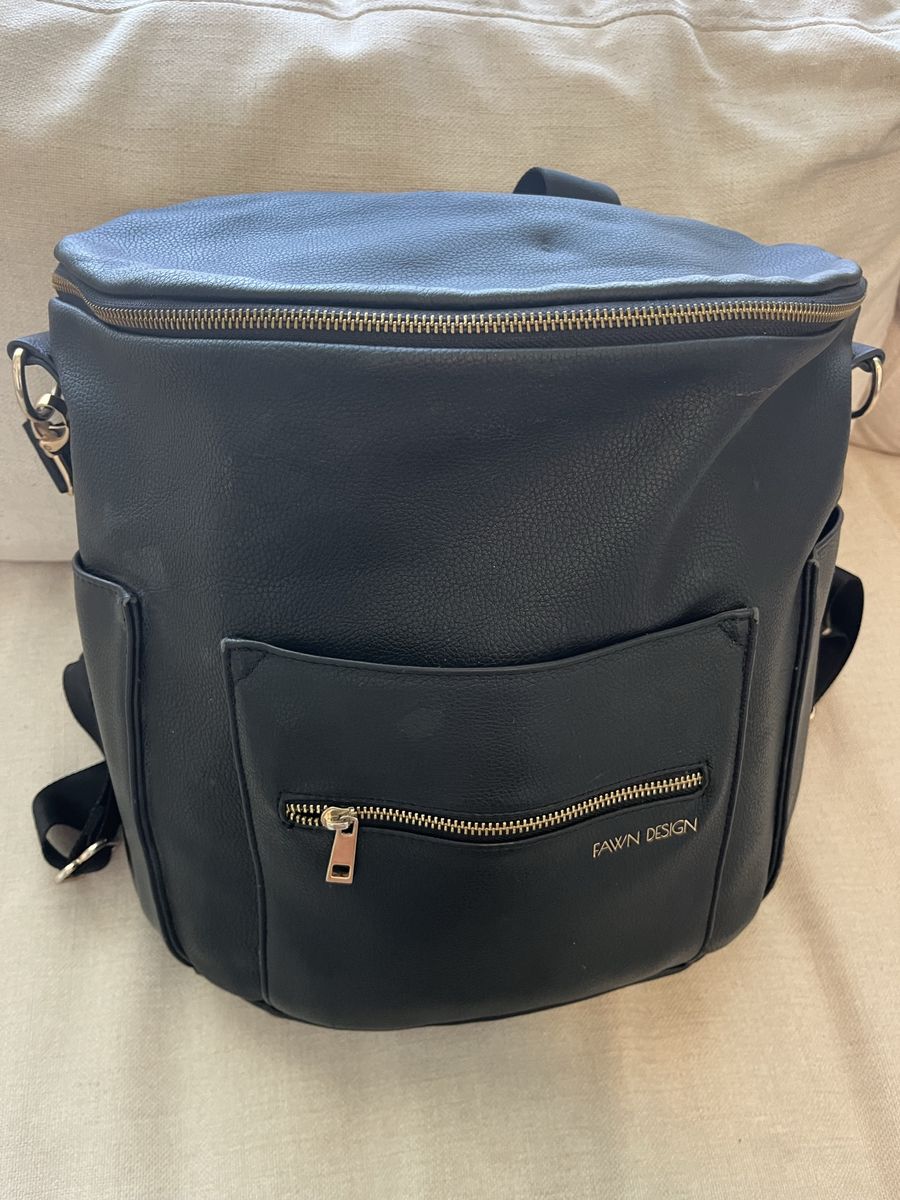 Fawn Design Black Faux Leather Diaper Bag Backpack Convertible Messenger