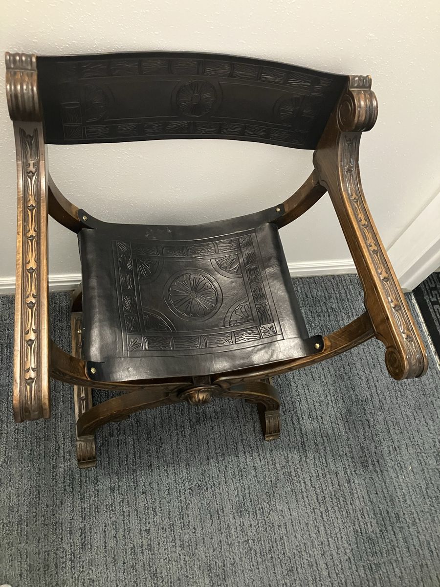 Vintage Carved Wood Savonarola Chair with Embossed Leather Seat and Back