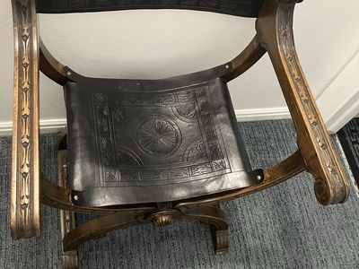 Vintage Carved Wood Savonarola Chair with Embossed Leather Seat and Back