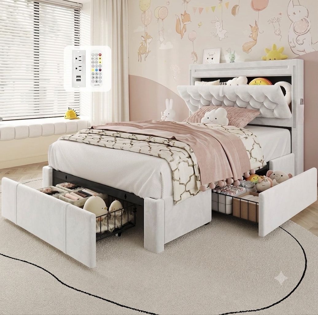 Modern Upholstered Platform Bed Frame with 3Storage Drawers, Headboard Storage, & USB/Type-C Ports - White